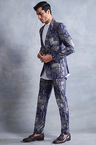Blueberry & Grey Machine Embroidered Jacket Set by Gargee Designers