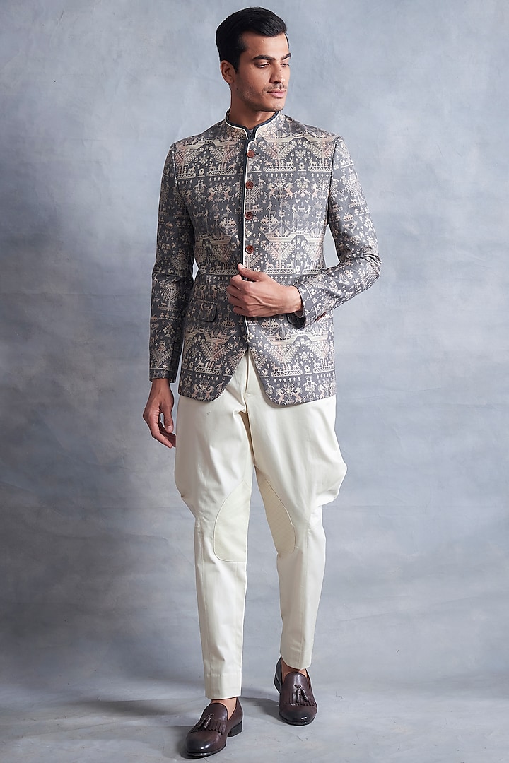 Grey Digital Printed Bandhgala Jacket Set by Gargee Designers