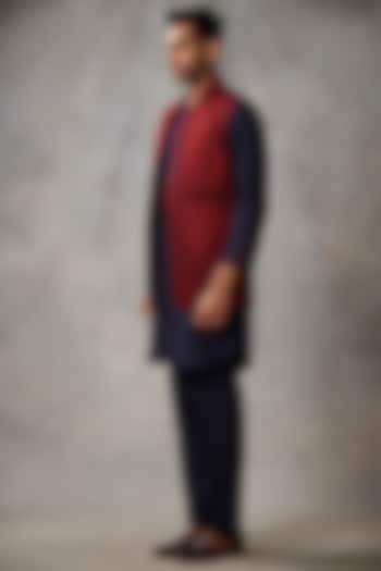 Navy Blue Cotton Silk Kurta Set With Bundi Jacket by Gargee Designers at Pernia's Pop Up Shop