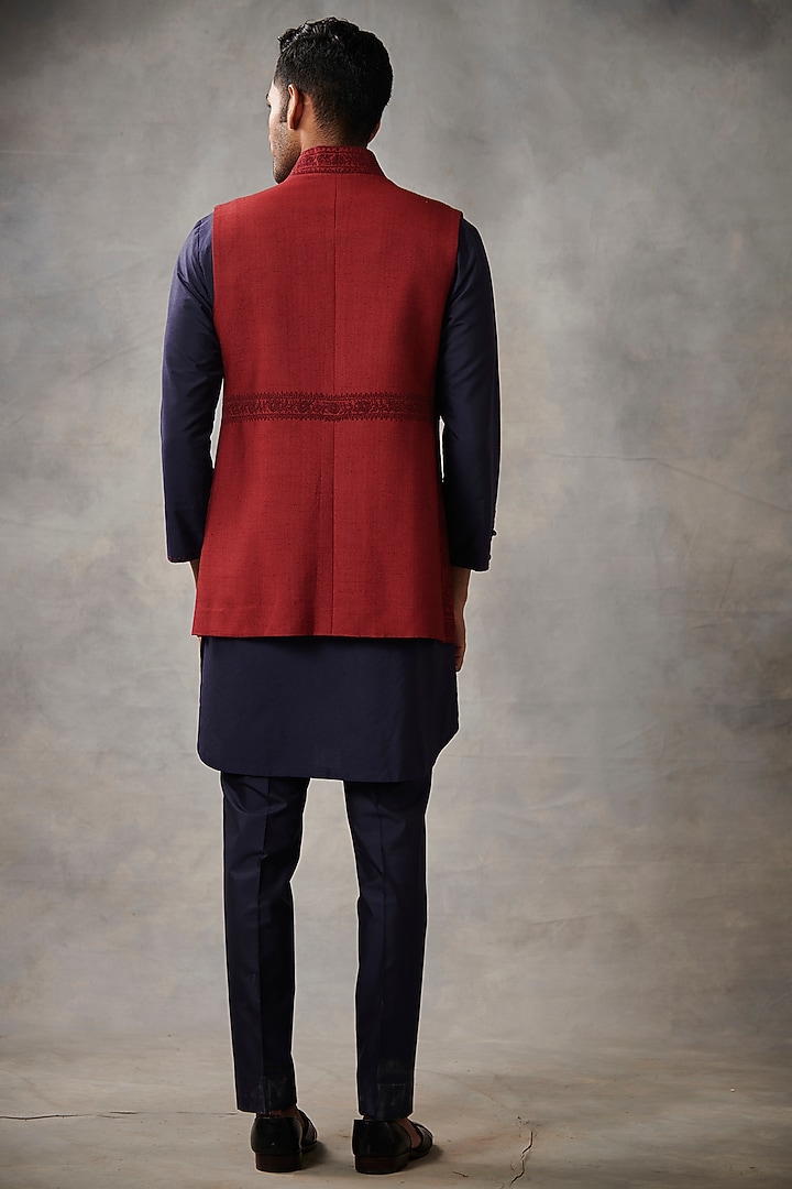 Navy Blue Cotton Silk Kurta Set With Bundi Jacket by Gargee Designers at Pernia's Pop Up Shop