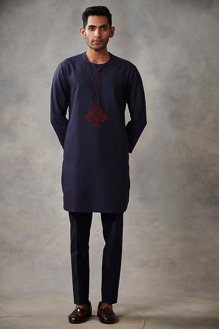 Navy Blue Cotton Silk Kurta Set With Bundi Jacket by Gargee Designers at Pernia's Pop Up Shop