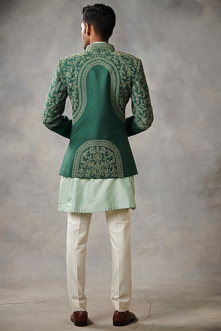 Emerald Green Silk Slub Wedding Indowestern Set by Gargee Designers at Pernia's Pop Up Shop