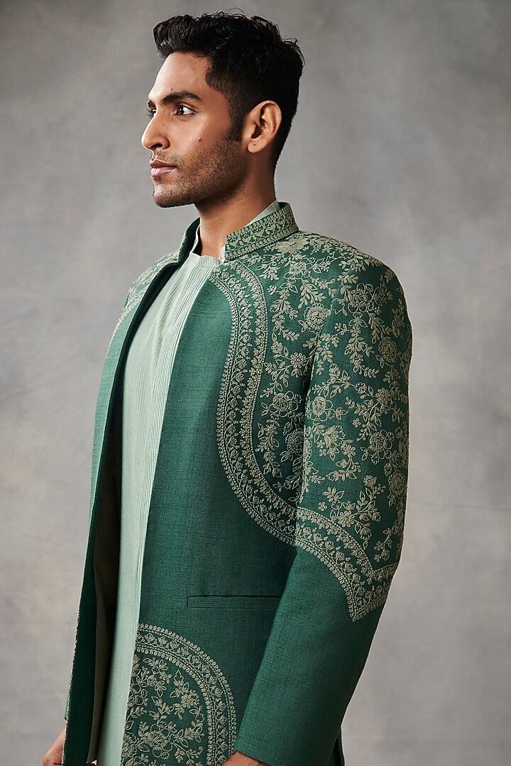 Emerald Green Silk Slub Wedding Indowestern Set by Gargee Designers at Pernia's Pop Up Shop