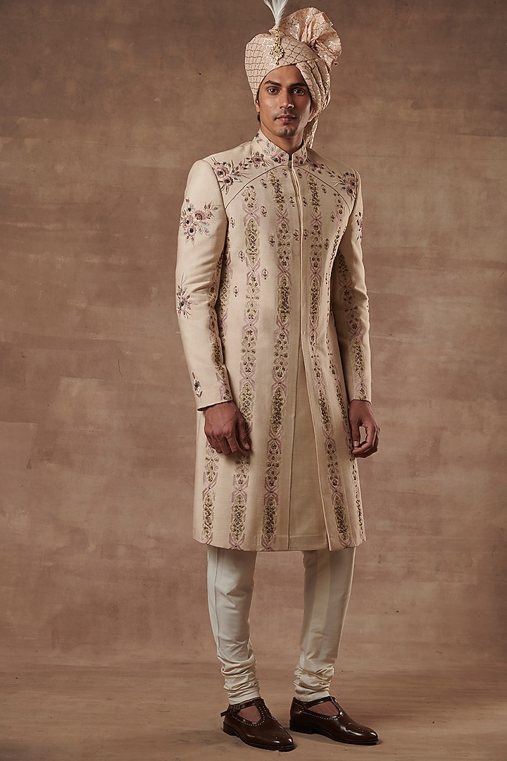 Pastel Rose Pink Embroidered Sherwani Set by Gargee Designers