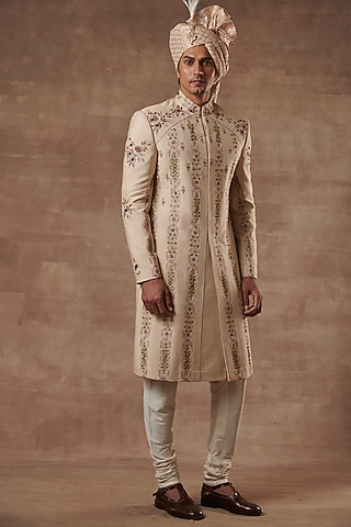 Pastel Rose Pink Embroidered Sherwani Set by Gargee Designers