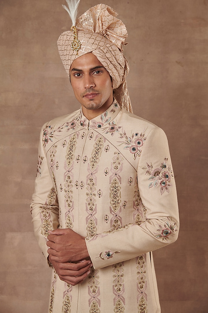 Pastel Rose Pink Embroidered Groom Sherwani Set by Gargee Designers at Pernia's Pop Up Shop