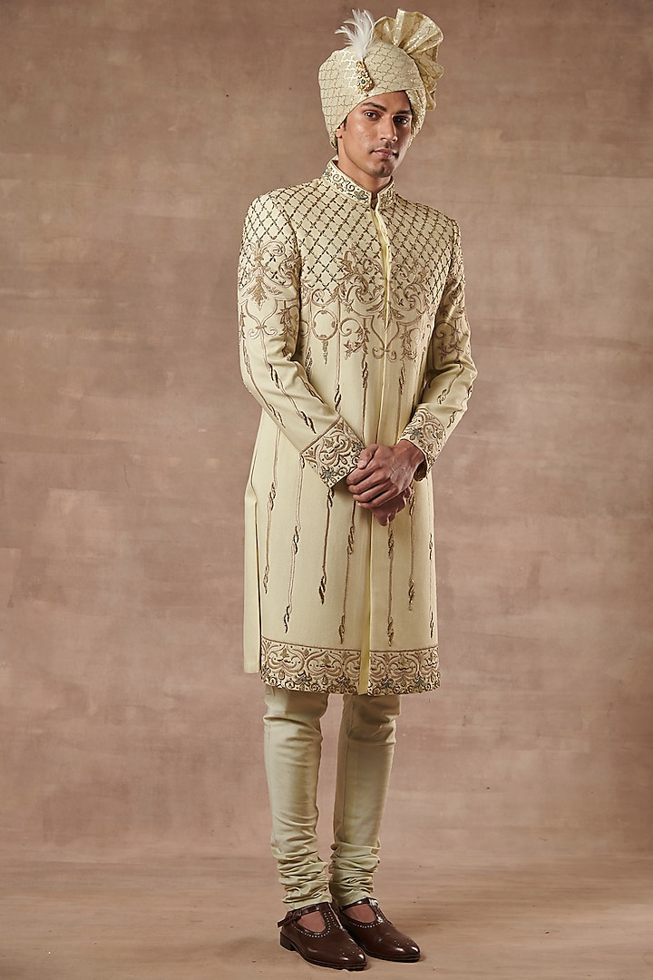 Mint Green Embroidered Sherwani Set by Gargee Designers