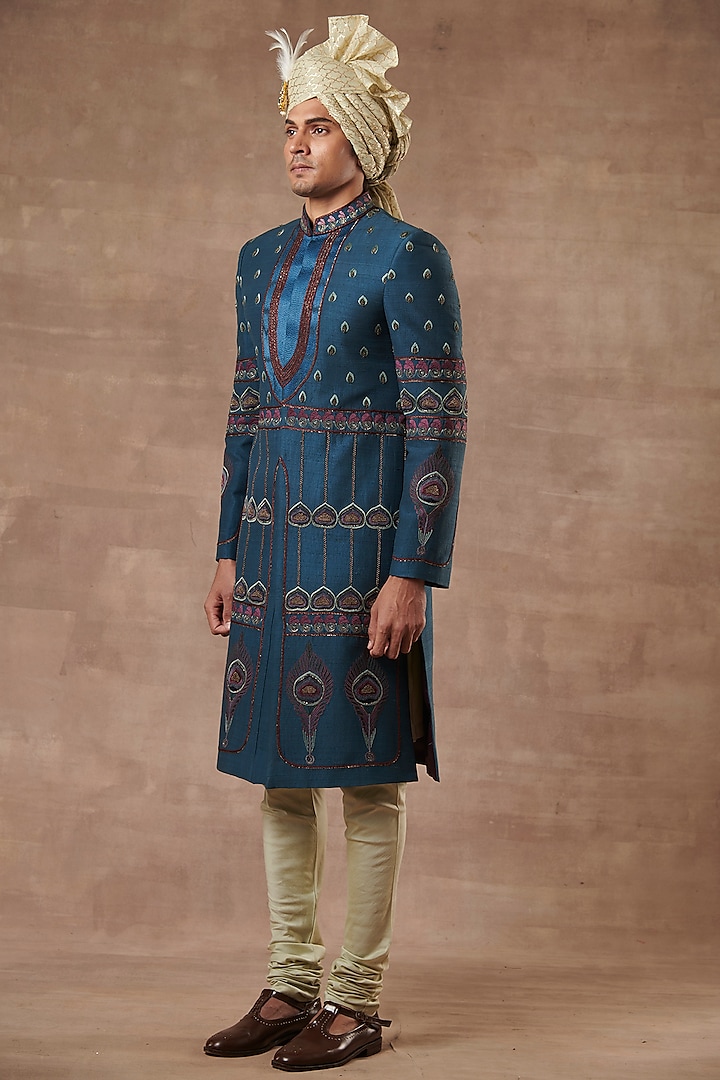 Teal Green Embroidered Sherwani Set by Gargee Designers