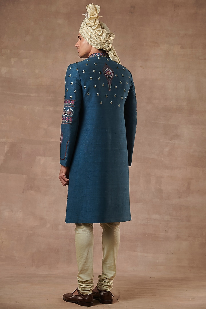 Teal Green Embroidered Groom Sherwani Set by Gargee Designers at Pernia's Pop Up Shop