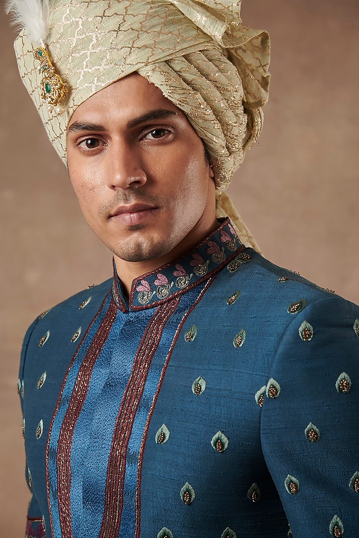 Teal Green Embroidered Groom Sherwani Set by Gargee Designers at Pernia's Pop Up Shop