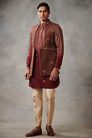 Rust Brown Cotton Silk Kurta Set With Jacket by Gargee Designers