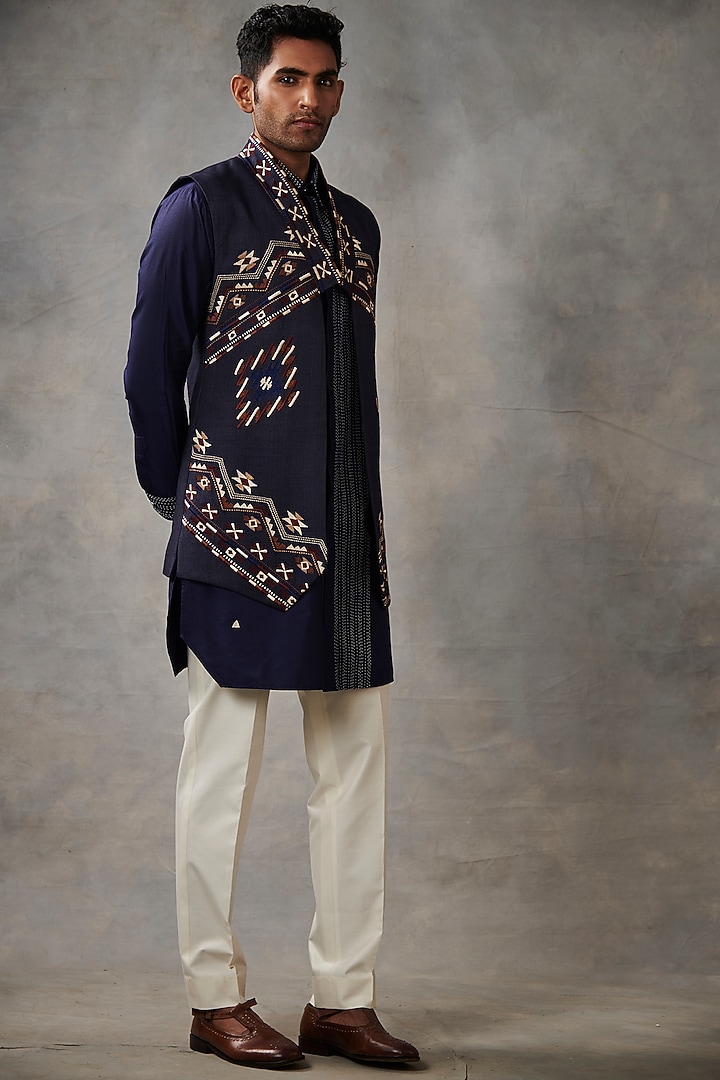 Navy Blue Cotton Silk Machine Embroidered Indo-Western Set by Gargee Designers at Pernia's Pop Up Shop
