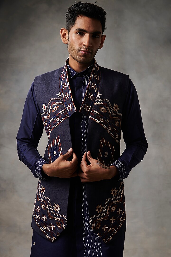 Navy Blue Cotton Silk Machine Embroidered Indo-Western Set by Gargee Designers at Pernia's Pop Up Shop