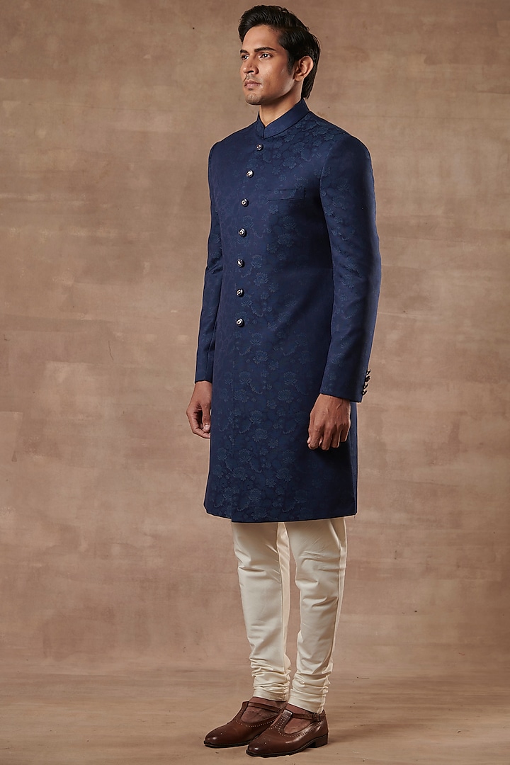 Navy Blue & Teal Jacquard Sherwani Set Design by Gargee Designers at ...