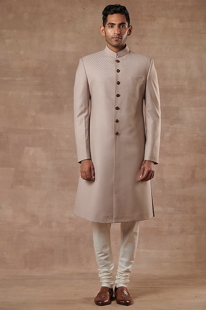 Pastel Pink & Gold Jacquard Sherwani Set by Gargee Designers