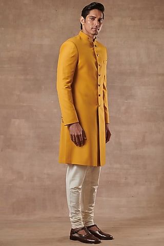 Mustard Poly Viscose Embroidered Sherwani Set by Gargee Designers