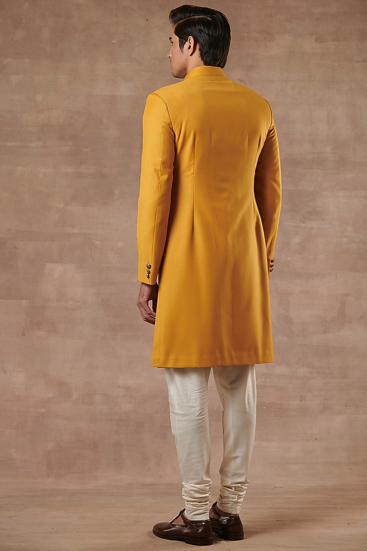Mustard Poly Viscose Embroidered Wedding Sherwani Set by Gargee Designers at Pernia's Pop Up Shop