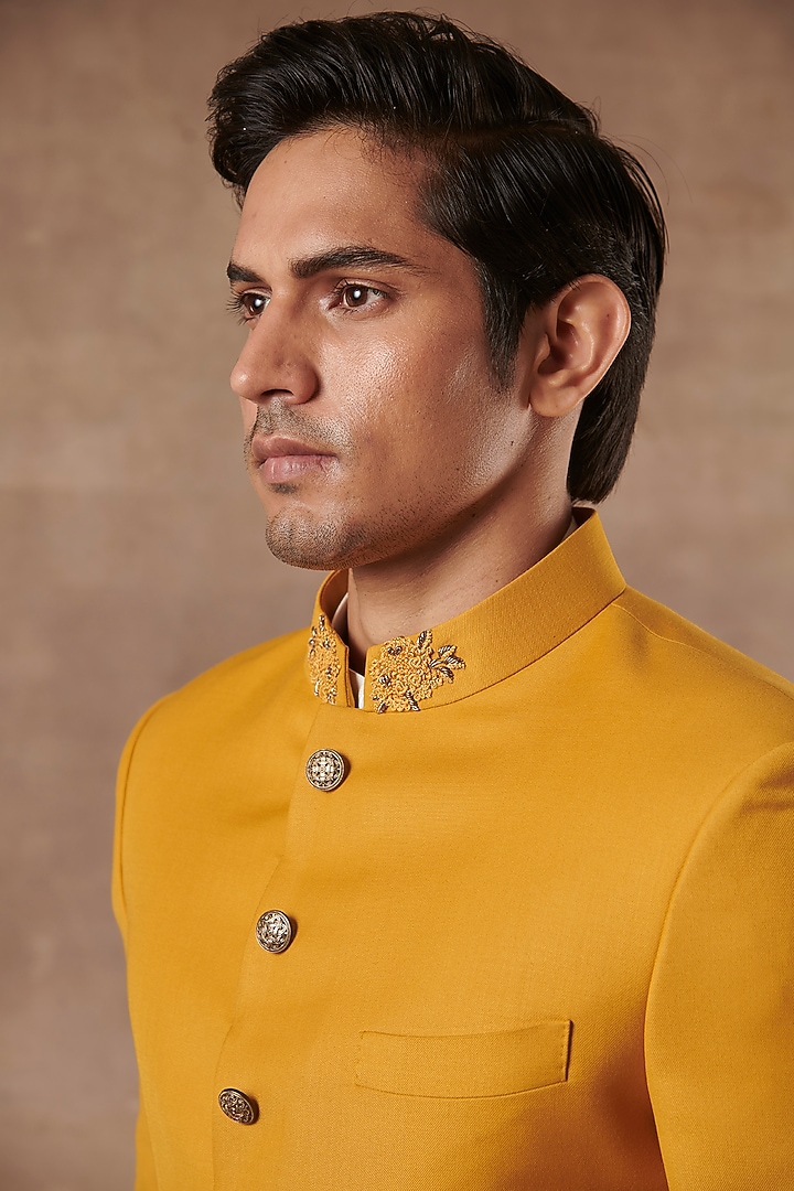 Mustard Poly Viscose Embroidered Wedding Sherwani Set by Gargee Designers at Pernia's Pop Up Shop