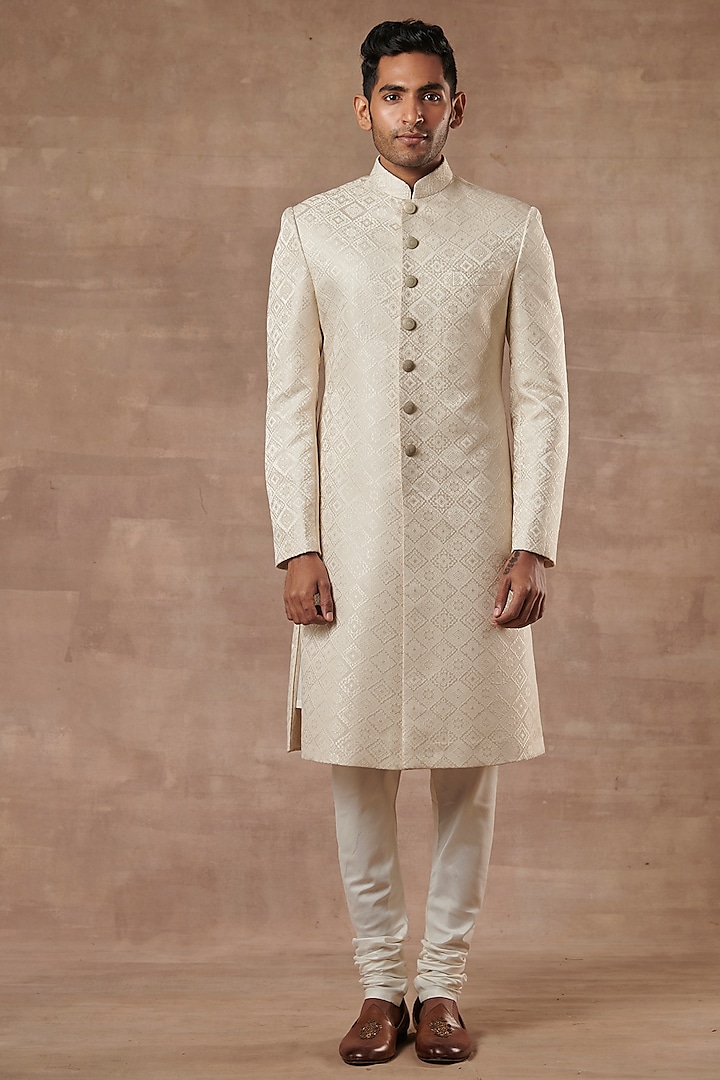 Ivory Poly Viscose Sherwani Set by Gargee Designers