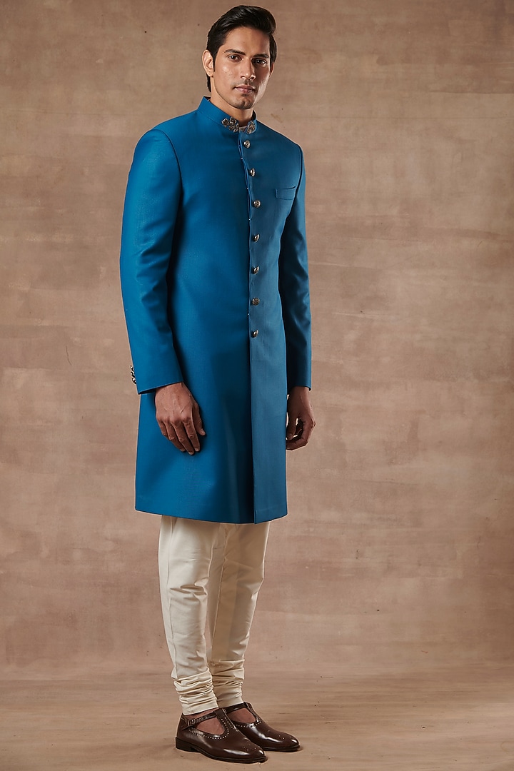 Cobalt Blue Poly Viscose Hand Embroidered Wedding Sherwani Set by Gargee Designers at Pernia's Pop Up Shop