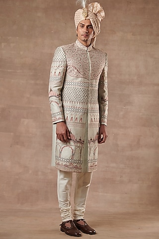 Ash Grey Embroidered Sherwani Set
 by Gargee Designers