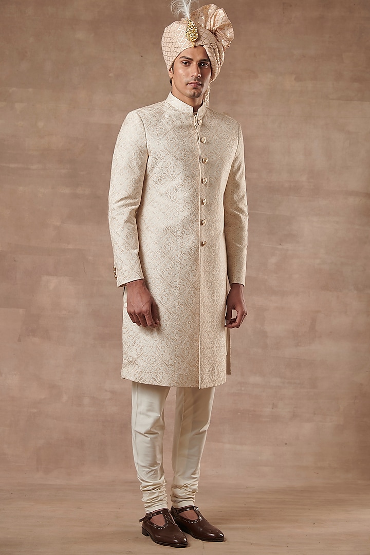 Off-White & Beige Embroidered Sherwani Set by Gargee Designers