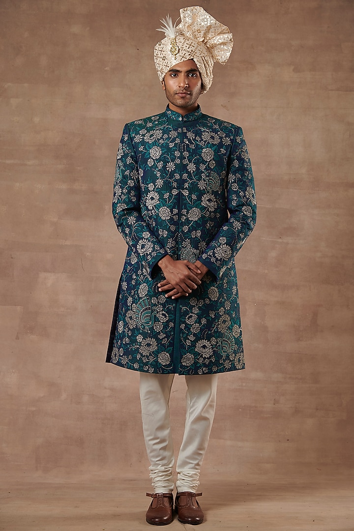 Peacock Green Embroidered Sherwani Set by Gargee Designers