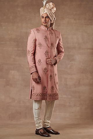 Dark Peach Machine Embroidered Sherwani Set by Gargee Designers