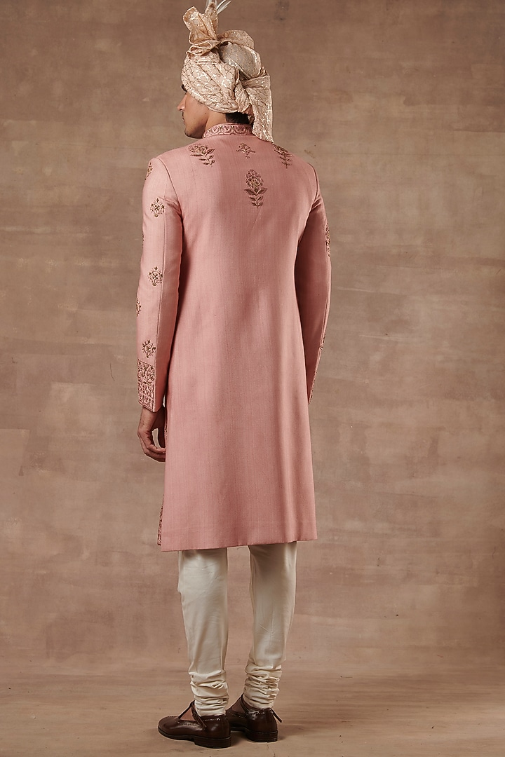 Dark Peach Machine Embroidered Wedding Sherwani Set by Gargee Designers at Pernia's Pop Up Shop
