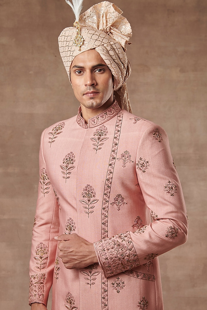 Dark Peach Machine Embroidered Wedding Sherwani Set by Gargee Designers at Pernia's Pop Up Shop