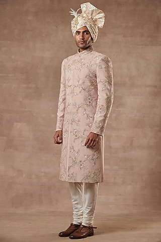 Peach Silk Machine Embroidered Sherwani Set by Gargee Designers