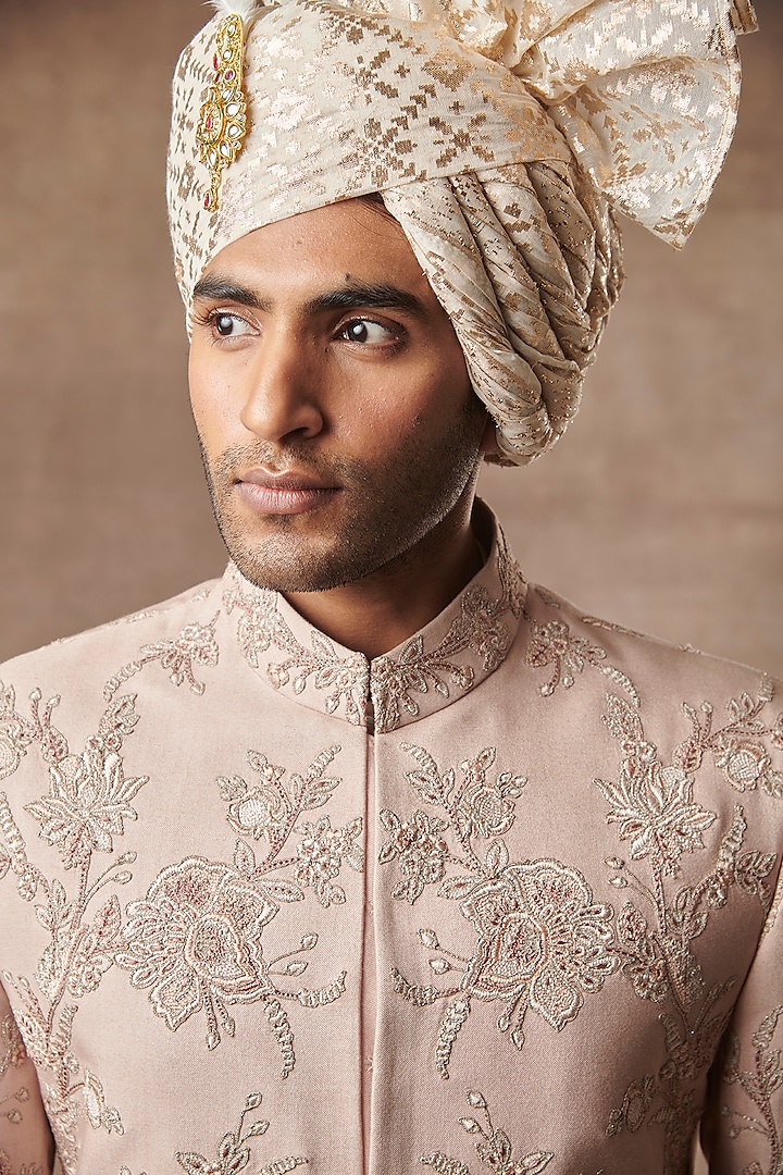 Peach Silk Machine Embroidered Wedding Sherwani Set by Gargee Designers at Pernia's Pop Up Shop