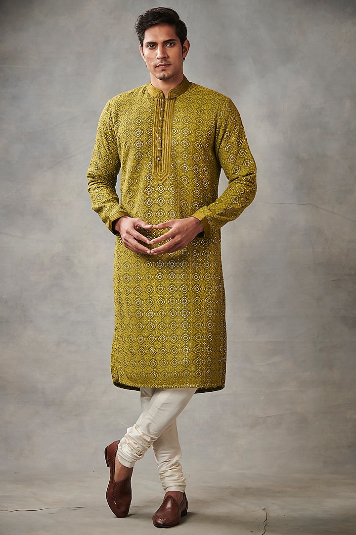 Olive Green Embroidered Kurta Set by Gargee Designers