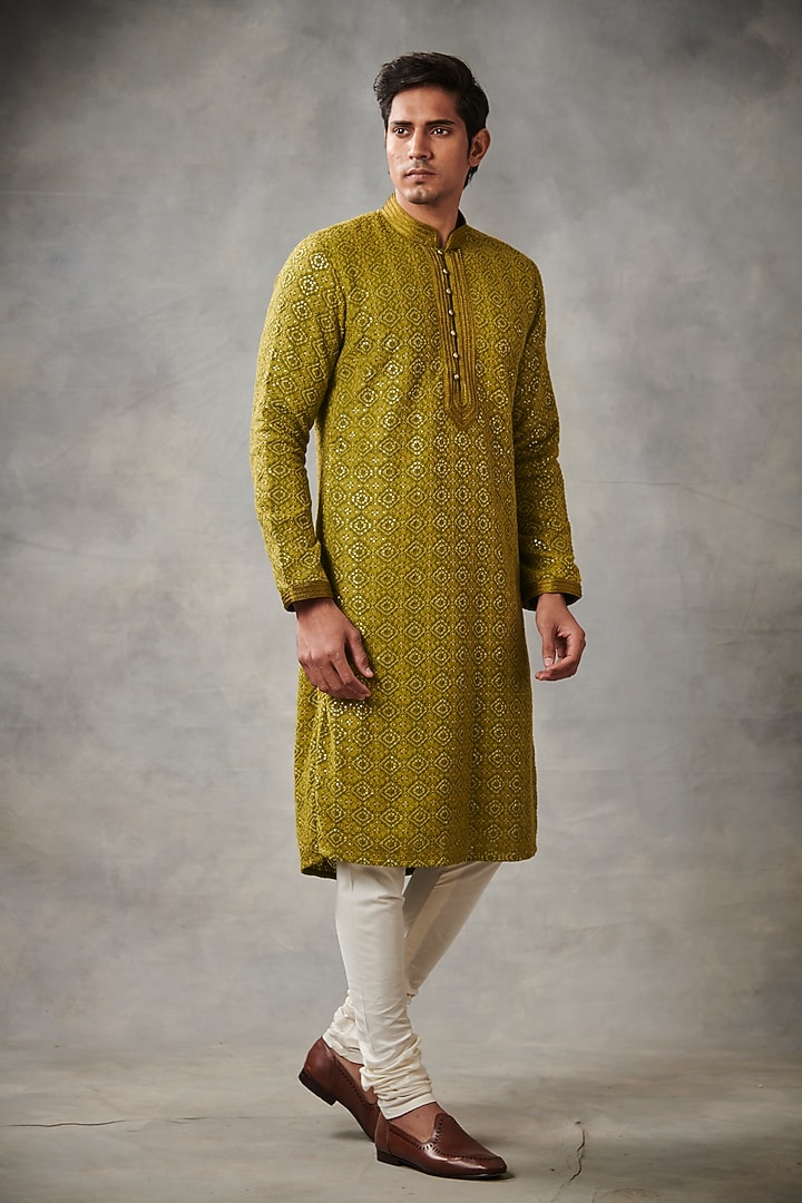Olive Green Embroidered Kurta Set by Gargee Designers at Pernia's Pop Up Shop