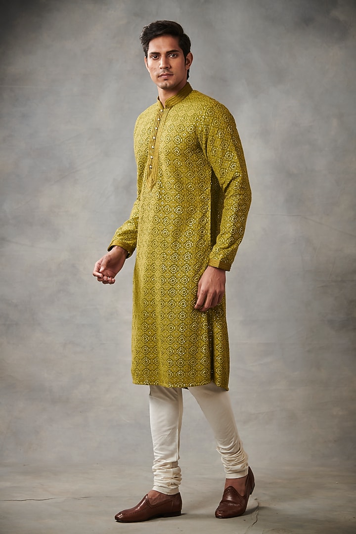 Olive Green Embroidered Kurta Set by Gargee Designers at Pernia's Pop Up Shop