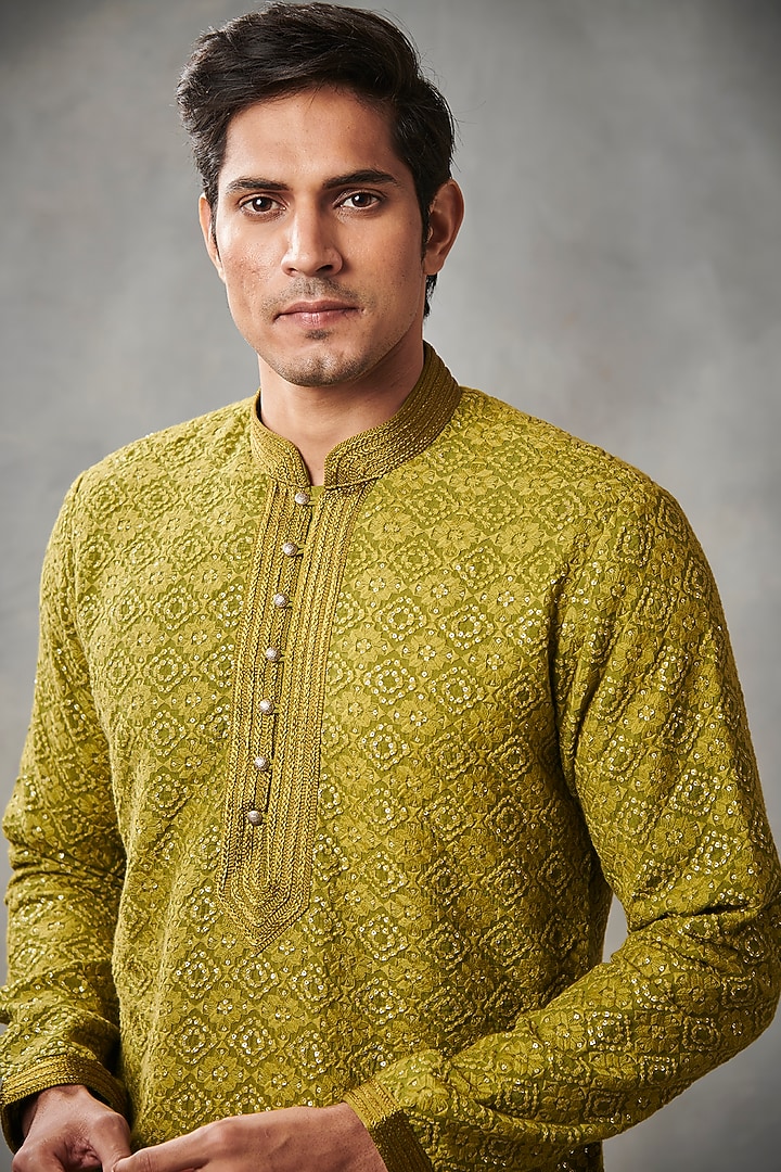 Olive Green Embroidered Kurta Set by Gargee Designers at Pernia's Pop Up Shop