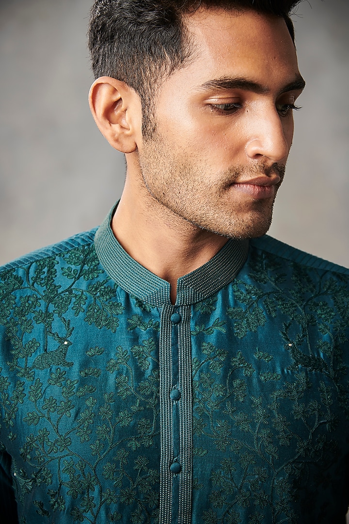 Teal Green Chanderi Silk Machine Embroidered Kurta Set by Gargee Designers at Pernia's Pop Up Shop