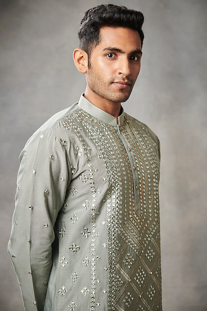 Grey Cotton Silk Mirror Embroidered Kurta Set by Gargee Designers at Pernia's Pop Up Shop