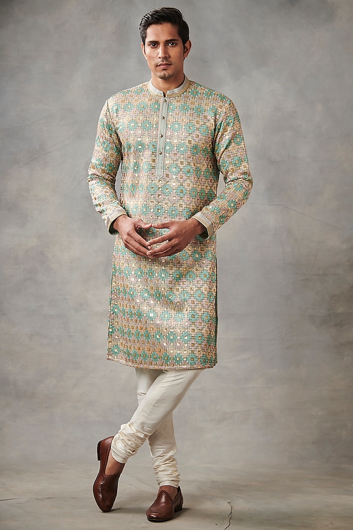 Pale Teal & Peach Embroidered Kurta Set by Gargee Designers