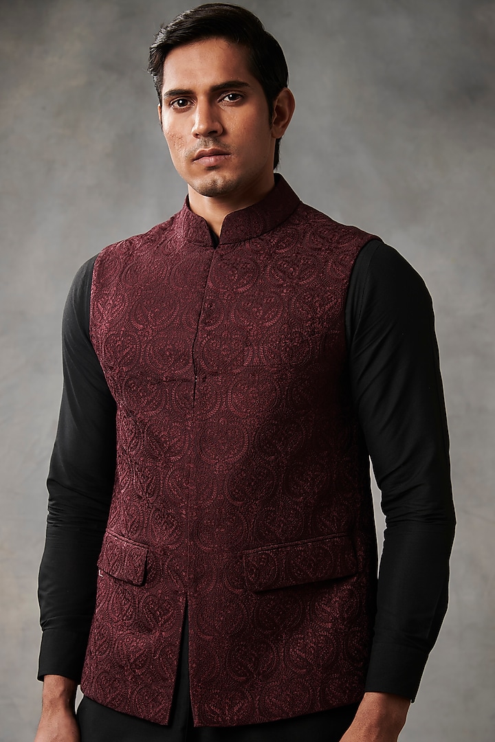 Wine Chanderi Silk Machine Embroidered Bundi Jacket Set by Gargee Designers at Pernia's Pop Up Shop