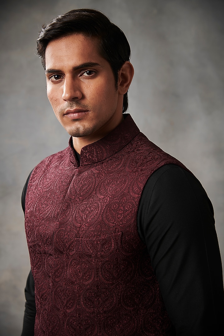 Wine Chanderi Silk Machine Embroidered Bundi Jacket Set by Gargee Designers at Pernia's Pop Up Shop
