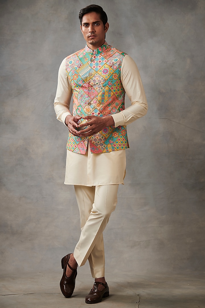 Multi-Colored Printed & Embroidered Bundi Jacket With Kurta Set by Gargee Designers