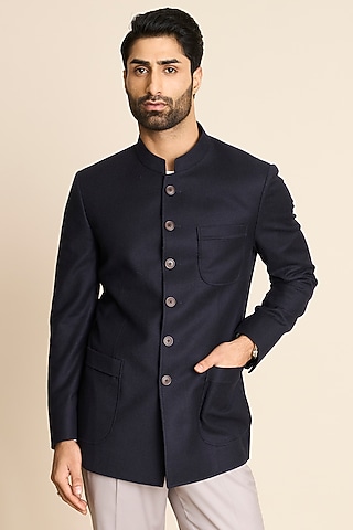 Navy Blue Wool & Flannel Bandhgala by Gargee Designers