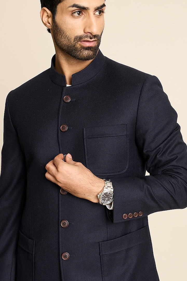 Navy Blue Wool & Flannel Bandhgala by Gargee Designers at Pernia's Pop Up Shop