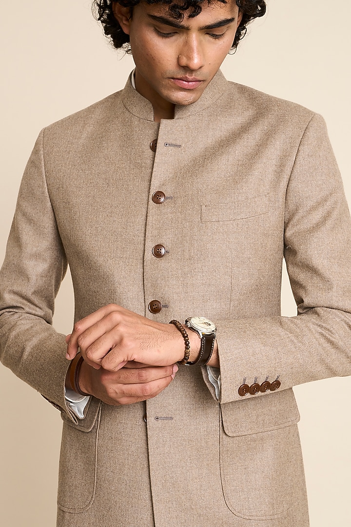 Beige Wool & Flannel Bandhgala by Gargee Designers at Pernia's Pop Up Shop