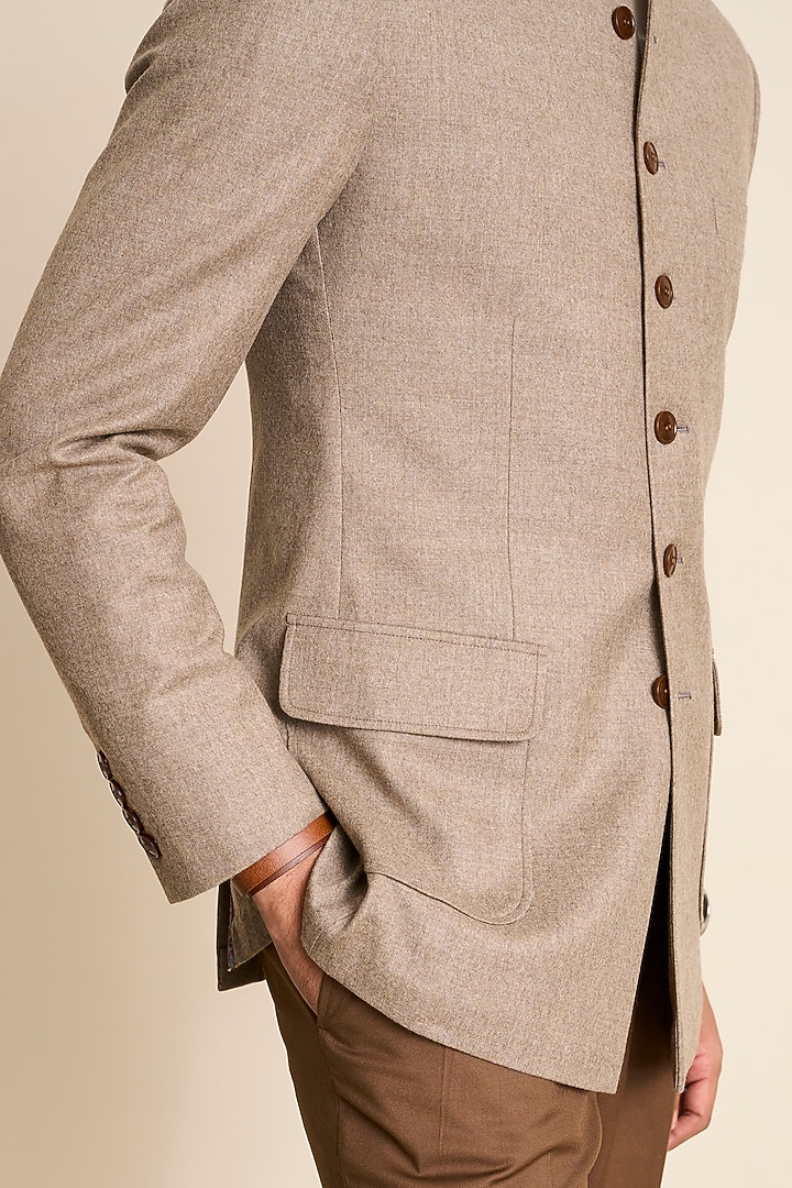 Beige Wool & Flannel Bandhgala by Gargee Designers at Pernia's Pop Up Shop