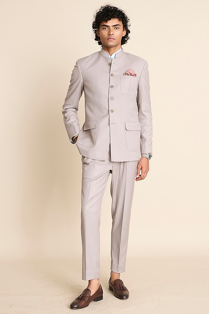 Grey Poly Viscose Bandhgala Set by Gargee Designers at Pernia's Pop Up Shop