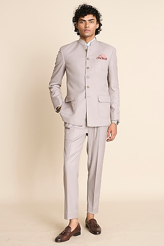 Grey Poly Viscose Bandhgala Set by Gargee Designers