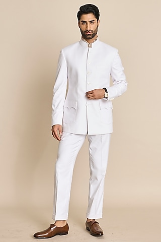 White Poly Viscose Bandhgala Set by Gargee Designers