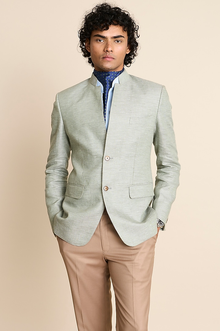 Mint Green Pure Linen Bandhgala by Gargee Designers at Pernia's Pop Up Shop